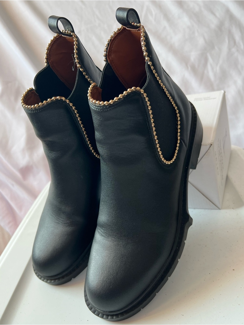 Coach Black Leather Chelsea Booties with Gold Bead Trim size euro. 40 (9/9.5)